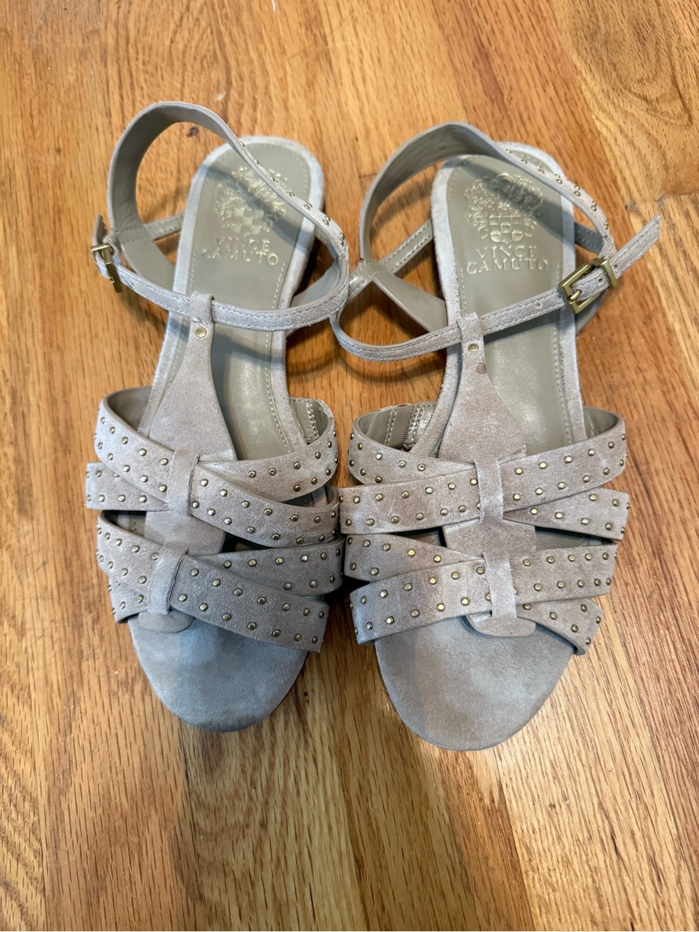 Vince Camuto Taupe Studded Suede Strappy Sandals